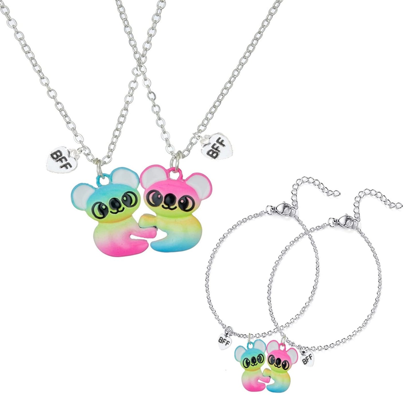 Caiyao 4Pcs Broken Heart Engraved Koala Panda Pendant Necklace Bracelet for Friend Women Men Gradient Love Heart Dolphin Link Chain Necklace Friendship Jewelry Birthday Gift-M jewelry set