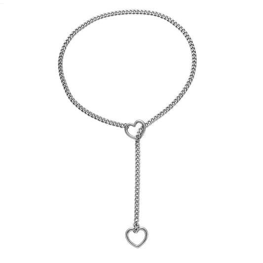 Qitian Stainless Steel Adjustable Lariat Y-Necklace for MenPunk Gothic Cuban Necklace JewelryHeart O-ring Slip Chain Necklace for Women (Silver)