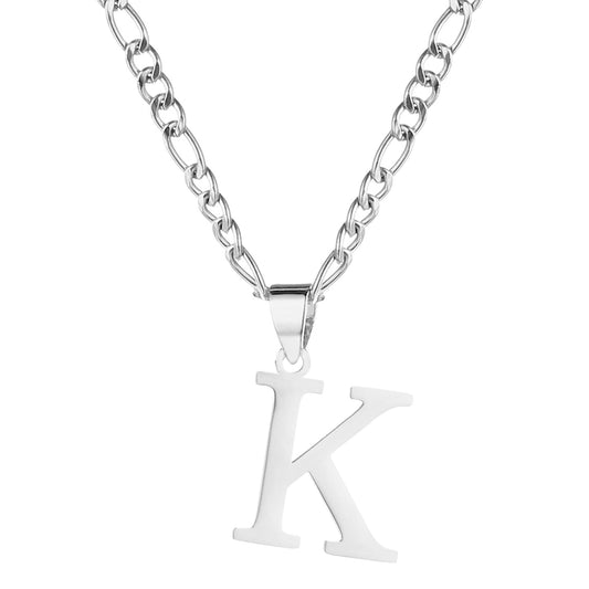 kelistom Gold Initial Necklace for Women Men 14K Gold Silver Tone Stainless Steel Letters Figaro Chain Necklace Capital Monogram Necklace Alphabets from A-Z (K White chain length:18")