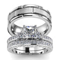 His Hers Wedding Ring Sets Couples Matching Rings Womens 10k White Gold Filled Square CZ Wedding Engagement Ring Bridal Sets & Mens Tungsten Carbide Wedding Band