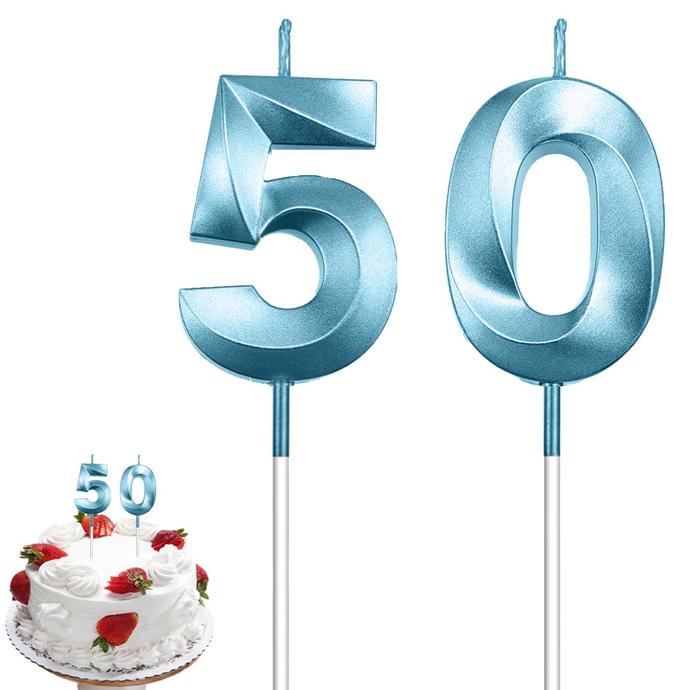 50th Birthday Candles Blue Number Candles 3D Design Cake Topper Happy Birthday Cake Candles for Men Women Birthday Party Anniversary Celebration Wedding Anniversary Supplies Decoration Theme Party