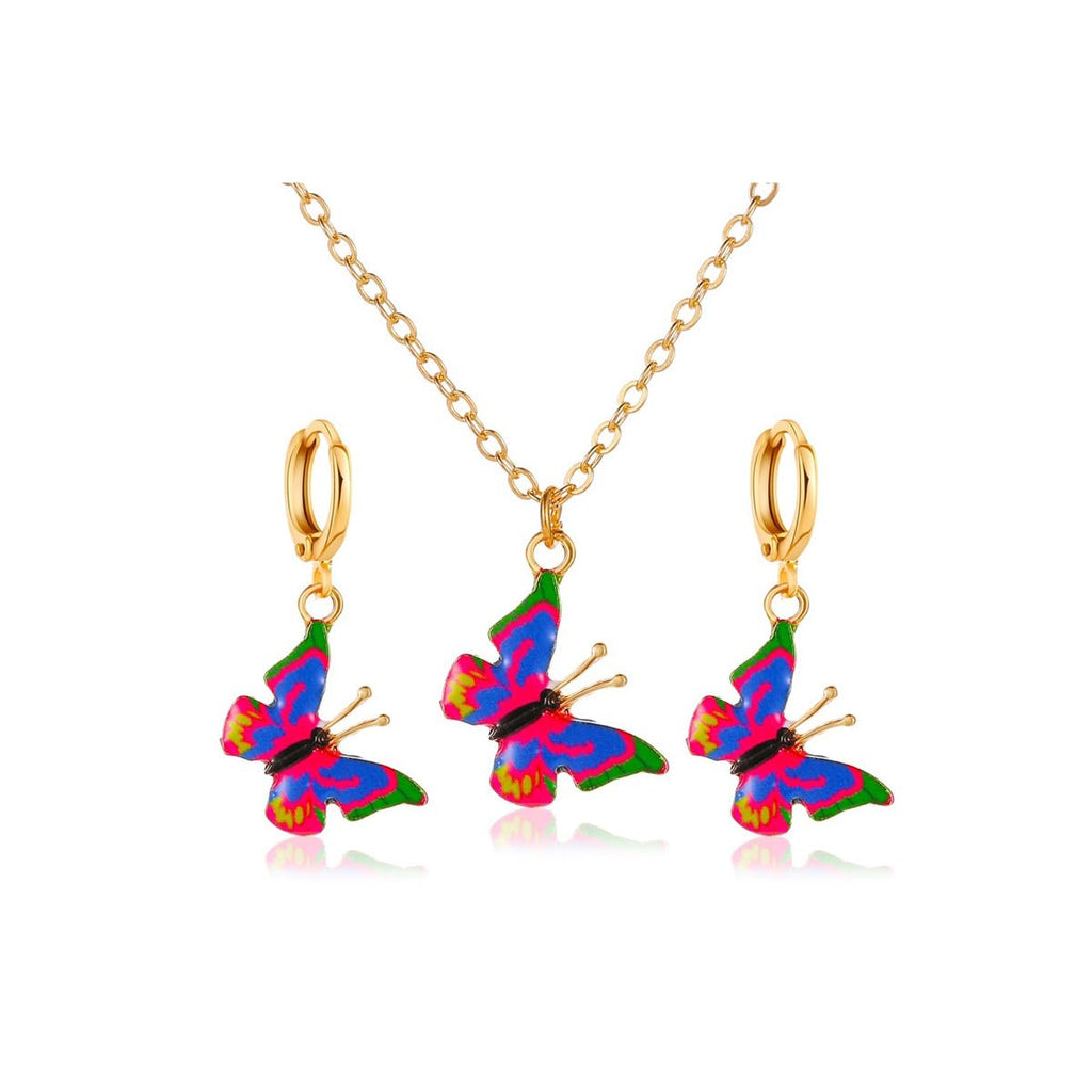 Pingyongchang Butterfly Necklace Earrings for Women Minimalist Cubic Zircons Gold Butterfly Pendant Earrings Necklace Cute Crystal Butterfly Jewelry Set for Women Gifts Jewelry-B Rose Red