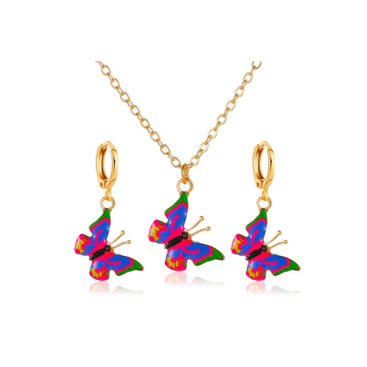Pingyongchang Butterfly Necklace Earrings for Women Minimalist Cubic Zircons Gold Butterfly Pendant Earrings Necklace Cute Crystal Butterfly Jewelry Set for Women Gifts Jewelry-B Rose Red