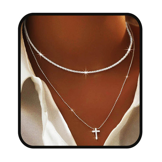 Yalice 925 Sterling Silver Layered Necklace for Women Waterproof Cross Pendant Necklace Chain Dainty Silver Sparkle Crystal Fashion Choker Neck Jewelry Gifts (2 Layered-Cross)