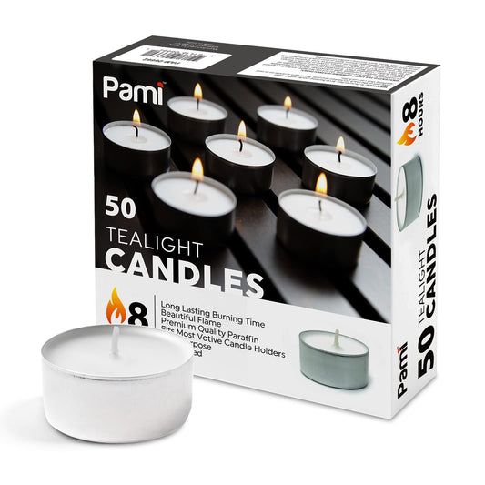PAMI Premium Long-Lasting with 8 Hours Burning Time Tealight Candles [50-Pack] - Unscented Tea Candles- Paraffin Tealights with Beautiful Flame- Round Candles Perfect for Votive Candle Holders