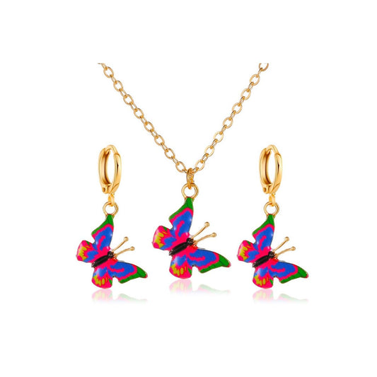 Pingyongchang Butterfly Necklace Earrings for Women Minimalist Cubic Zircons Gold Butterfly Pendant Earrings Necklace Cute Crystal Butterfly Jewelry Set for Women Gifts Jewelry-B Rose Red