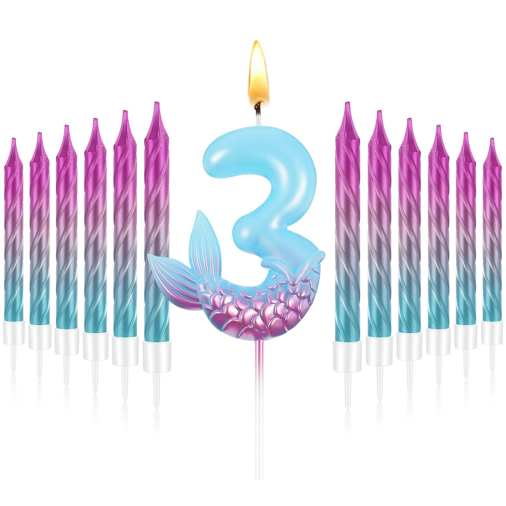 MTLEE 13 Pcs Birthday Candles Set 1 Mermaid Birthday Candle with 12 Pcs Rainbow Spiral Candles Mermaid Cake Toppers Mermaid Birthday Decorations Mermaid Theme Birthday Cake Candles (Number 3)