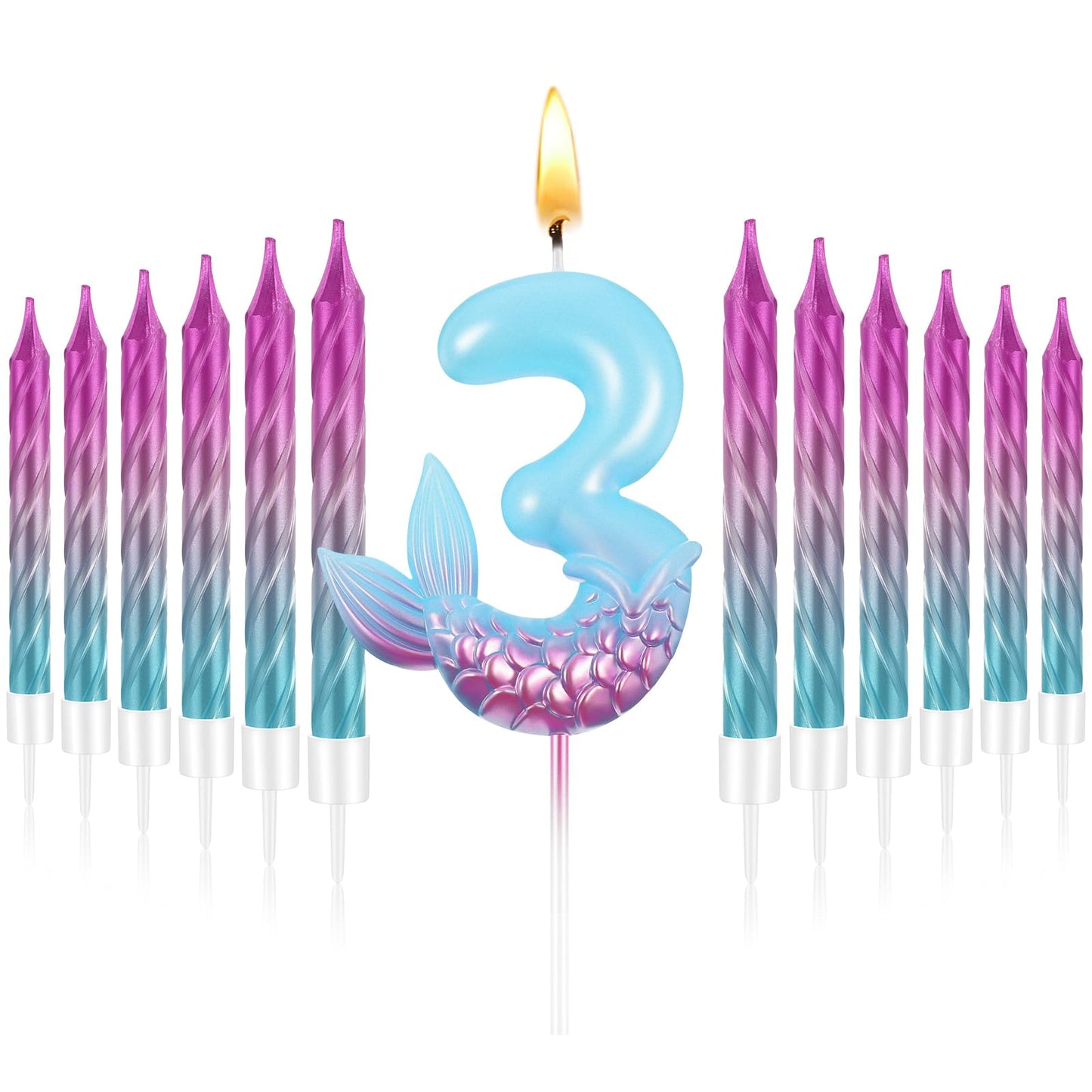 MTLEE 13 Pcs Birthday Candles Set 1 Mermaid Birthday Candle with 12 Pcs Rainbow Spiral Candles Mermaid Cake Toppers Mermaid Birthday Decorations Mermaid Theme Birthday Cake Candles (Number 3)
