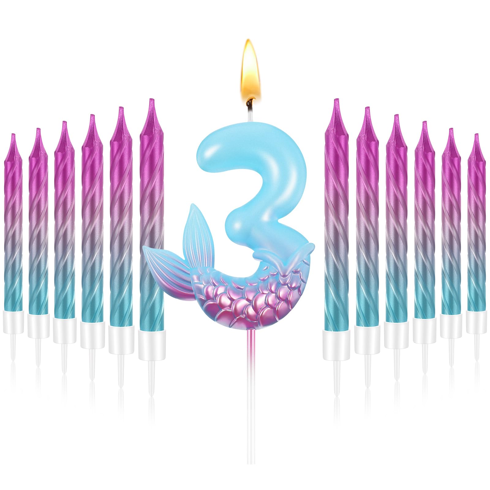 MTLEE 13 Pcs Birthday Candles Set 1 Mermaid Birthday Candle with 12 Pcs Rainbow Spiral Candles Mermaid Cake Toppers Mermaid Birthday Decorations Mermaid Theme Birthday Cake Candles (Number 3)