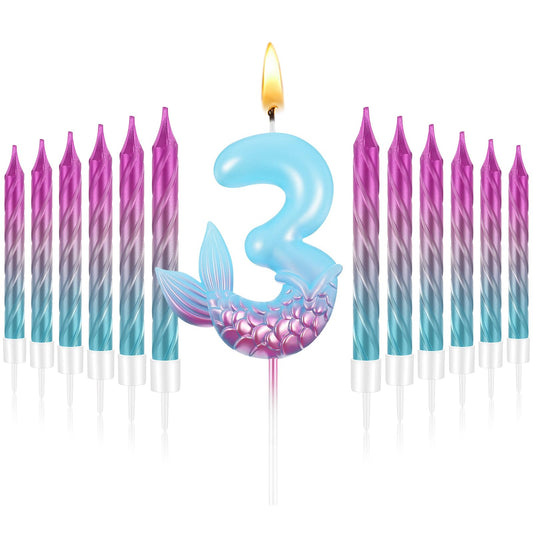 MTLEE 13 Pcs Birthday Candles Set 1 Mermaid Birthday Candle with 12 Pcs Rainbow Spiral Candles Mermaid Cake Toppers Mermaid Birthday Decorations Mermaid Theme Birthday Cake Candles (Number 3)